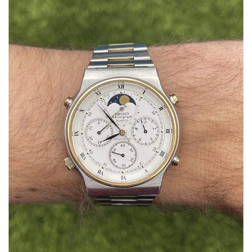 Vintage Seiko Sports 100 Moon Phase Chronograph Two Tone Quartz Watch 7a48 7009